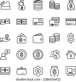 thin line vector icon set - bank card vector, dollar, cards, coins, front of the, column, denomination, catch a coin, wallet, purse, money, dollars, cash, cashbox, bag hand, mortgage, gear, dialog