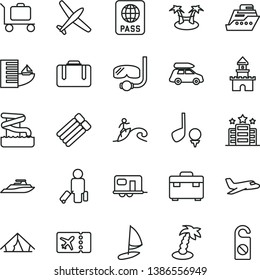 thin line vector icon set - suitcase vector, passport, sand castle, plane, car baggage, camper, passenger, ticket, hotel, tent, palm tree, aquapark, diving mask, surfing, golf, cruiser, hammok