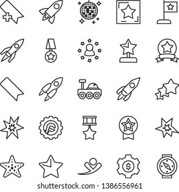 thin line vector icon set - add bookmark vector, star gear, rocket, lunar rover, bang, reward, flag, medal, hero, ribbon, dollar, stars around man, three, flying, disco ball, starfish, compass
