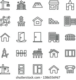 thin line vector icon set - house vector, box of bricks, dwelling, brick wall, window, frame, ntrance door, interroom, buildings, city block, ceramic tiles, fence, paving slab, home, tower crane