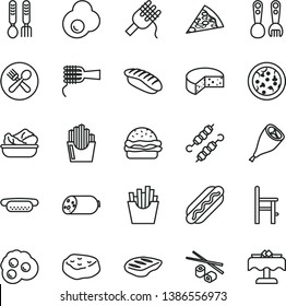 thin line vector icon set - a chair for feeding vector, plastic fork spoons, iron, sausage, cheese, pizza, piece of, Hot Dog, mini, burger, spaghetti, noodles, lettuce in plate, grill chicken leg