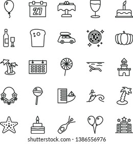 thin line vector icon set - daily calendar vector, colored air balloons, balloon, cake, Easter, birthday, Chupa Chups, lollipop, glass, pumpkin, wall, sand castle, wine, champagne, car baggage