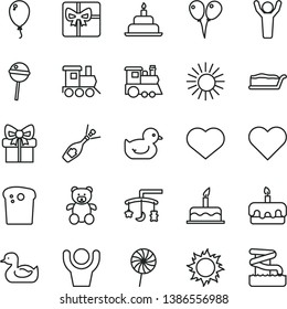 thin line vector icon set - heart symbol vector, toys over the cradle, rubber duck, baby duckling, teddy bear, toy train, children's, colored air balloons, balloon, cake, birthday, Easter, slice