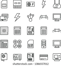 thin line vector icon set - lightning vector, monitor, window, bank card, calculator, cards, math actions, processor, SIM, engineer, pc power supply, tower, motherboard, usb, router, oscilloscope