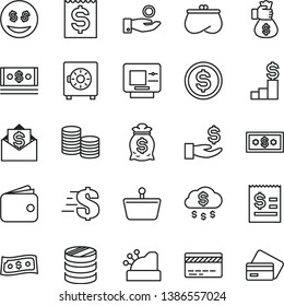 thin line vector icon set - bank card vector, dollar, strongbox, shopping basket, coins, column of, article on the, financial item, get a wage, catch coin, wallet, purse, cash, cashbox, rain, eyes