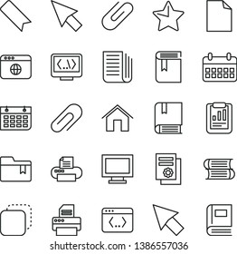 thin line vector icon set - monitor window vector, clip, bookmark, clean sheet of paper, folder, book, e, books, home, star, copy, statistical report, scientific publication, calendar, wall, printer