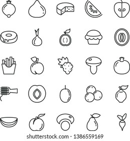 thin line vector icon set - cheese vector, noodles, mushroom, cake, with a hole, French fries, peach, ripe, pomegranate, grape, quince, pear, tasty apple, plum, fig, medlar, blueberries, half, guawa