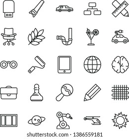 thin line vector icon set - beanbag vector, window frame, hand saw, new roller, siphon, writing accessories, earth, flowchart, cocktail, weaving, electric car, robot welder, portfolio, pencil, chair