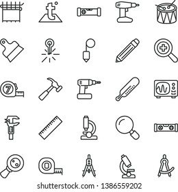 thin line vector icon set - graphite pencil vector, yardstick, zoom, mercury thermometer, drum, cordless drill, measuring tape, long meashuring, construction level, building, plummet, putty knife