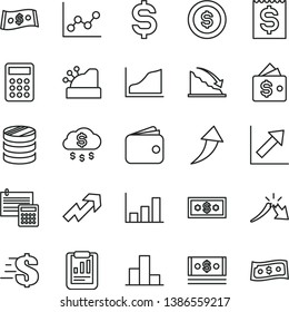 thin line vector icon set - growth up vector, dollar, bar chart, graph, calculation, column of coins, recession, a crisis, statistical report, denomination the, financial item, wallet, cash, cashbox