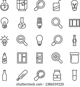 thin line vector icon set - incandescent lamp vector, magnifier, zoom, out, mercury thermometer, e, window, frame, bulb, interroom door, a glass of tea, bottle soda, jam, jar, liquor, round flask