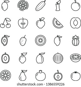 thin line vector icon set - cucumber vector, cherry, pomegranate, quince, red apple, tasty, mulberry, water melon, slice of, mango, half, loquat, delicious plum, peach, lemon, juicy, kiwi, guava