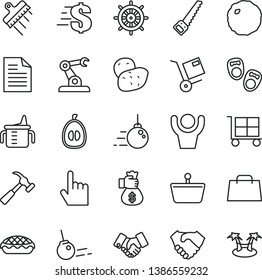thin line vector icon set - cargo trolley vector, scribbled paper, dollar, measuring cup for feeding, shoes little children, big core, arm saw, spatula, hammer with claw, index finger, shipment, bag