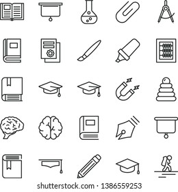 thin line vector icon set - tassel vector, graphite pencil, book, new abacus, stacking rings, e, square academic hat, clip, flask, magnet, scribed compasses, text highlighter, scientific publication