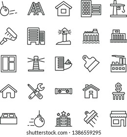 thin line vector icon set - house vector, dwelling, big core, window, small tools, paint roller, ladder, building level, buildings, city block, putty knife, spatula, hydroelectric station, coastal