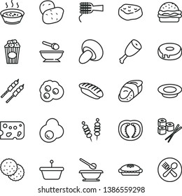 thin line vector icon set - deep plate with a spoon vector, plates and spoons, piece of cheese, fried vegetables on sticks, burger, noodles, porcini, cake hole, pie, porridge in saucepan, milk, meat
