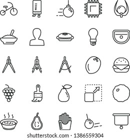 thin line vector icon set - woman vector, tricycle, big core, wooden paint brush, sink, electronic boiler, expand picture, burger, pie, a bowl of buckwheat porridge, in saucepan, cabbage, pear, smd