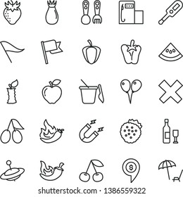 thin line vector icon set - wind direction indicator vector, cross, electronic thermometer e, children's sand set, plastic fork spoons, yule, colored air balloons, flag, chili, peper, strawberries