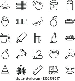 thin line vector icon set - yardstick vector, stacking toy, children's sand set, a chair for feeding, baby train, paint bucket, new roller, color samples, plastic brush, onion, cake slice, blueberry