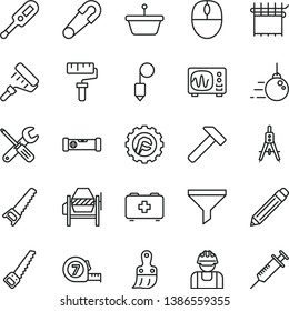 thin line vector icon set - paint roller vector, graphite pencil, safety pin, electronic thermometer e, bag of a paramedic, big core, concrete mixer, small tools, hand saw, arm, long meashuring tape