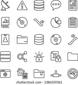 thin line vector icon set - warning vector, folder, bookmark, estimate, speech, big data, connections, statistical report, pie charts, book on statistics, encrypting, cd, browser, connect, clipboard