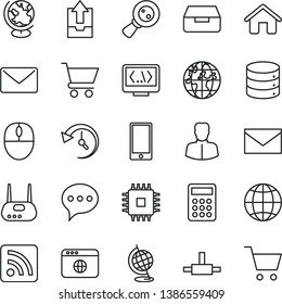 thin line vector icon set - envelope vector, rss feed, upload archive data, house, speech, earth, smartphone, big, drawer, cart, magnifying glass, woman, planet, calculator, mouse, cpu, router, mail