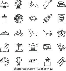 thin line vector icon set - car child seat vector, building trolley, globe, planet, lighthouse, coastal, history, rocket, lunar rover, baggage, camper, air balloon, bike, airport tower, passport