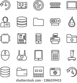 thin line vector icon set - folder vector, upload, big data, operator, part of guava, calculator, tablet pc, notebook, radiator fan, mouse, tower, motherboard, cpu, card, web camera, usb, router