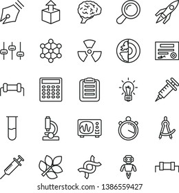 thin line vector icon set - unpacking vector, test tube, microscope, nuclear, zoom, dna, bulb, brain, settings, oscilloscope, clipboard, calculator, drawing compass, earth core, robot, rocket
