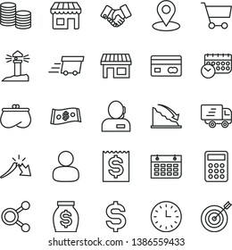 thin line vector icon set - kiosk vector, stall, cart, coastal lighthouse, geolocation, connections, man, reverse side of a bank card, coins, recession, crisis, denomination the dollar, handclasp