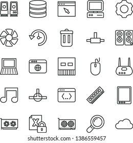 thin line vector icon set - computer vector, tablet pc, notebook, fan, encrypting, mouse, memory, gpu card, usb, router, speaker, browser, connect, trash bin, coding, magnifier, note, big data