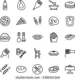 thin line vector icon set - plates and spoons vector, a chair for feeding child, plastic fork, stick of sausage, fried vegetables on sticks, pizza, piece, burger, spaghetti, noodles, pie, plate