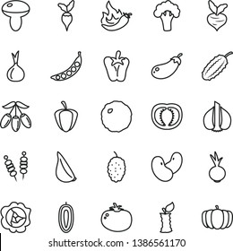 thin line vector icon set - fried vegetables on sticks vector, mushroom, cabbage, tomato, peper, beet, garlic, squash, mulberry, goji berry, sweet date fruit, apple stub, half, ripe pepper, hot