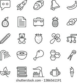 thin line vector icon set - bell vector, graphite pencil, scribbled paper, toys over the cradle, mug for feeding, baby rattle, teddy bear, adjustable wrench, suitcase, shower, heating coil, sushi
