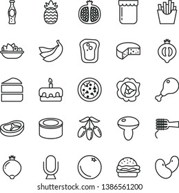 thin line vector icon set - microphone vector, cheese, canned goods, pizza, burger, noodles, mushroom, piece of cake, torte, a plate fruit, chicken leg, bacon, French fries, bottle soda, jam, orange