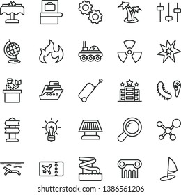 thin line vector icon set - molecule vector, nuclear, zoom, bulb, gears, settings, bactery, globe, flame, sun panel, lunar rover, bang, baggage scanner, passort control, plane ticket, rolling case