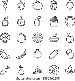 thin line vector icon set - piece of pizza vector, a bowl buckwheat porridge, cucumber, tomato, beet, carrot, French fries, apple, grape, squash, raspberry, medlar, tangerine, slice, half cherry