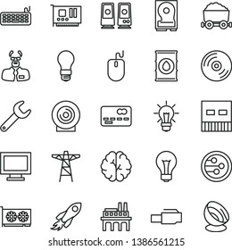 thin line vector icon set - matte light bulb vector, monitor window, CD, lens, oil, power pole, industrial enterprise, repair key, trolley with coal, space rocket, front of the bank card, mouse, pc