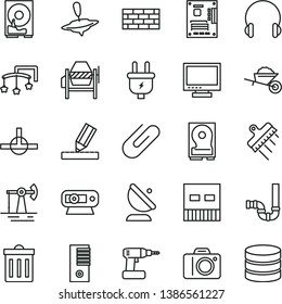 thin line vector icon set - monitor vector, camera, bin, toys over the cot, small yule, brickwork, garden trolley, concrete mixer, cordless drill, siphon, drawing, spatula, headphones, clip, plug