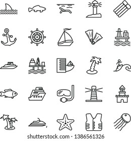 thin line vector icon set - anchor vector, small fish, sea port, commercial seaport, lighthouse, coastal, sand castle, sail boat, hotel, beach, palm tree, starfish, flippers, diving mask, surfing