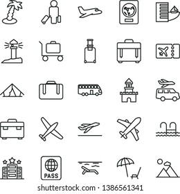 thin line vector icon set - suitcase vector, case, passport, coastal lighthouse, sand castle, plane, bus, passenger, rolling, ticket, departure, hotel, tent, beach, arnchair under umbrella, pool