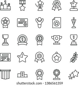 thin line vector icon set - star vector, pedestal, medal, patente, winner, laurel branch, prize, award, cup, gold, reward, pennant, with, ribbon, hero, certificate, flag, three stars