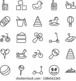 thin line vector icon set - beanbag vector, baby rattle, duckling, bath ball, stacking rings, toy, tumbler, phone, mobile, sand set, children's, yule, rocking horse, small, cubes for children