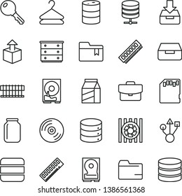 thin line vector icon set - folder vector, bookmark, chest of drawers, key, CD, big data, server, suitcase, put in a box, drawer, package, hanger, unpacking, barrel, jar, radiator fan, memory, hdd