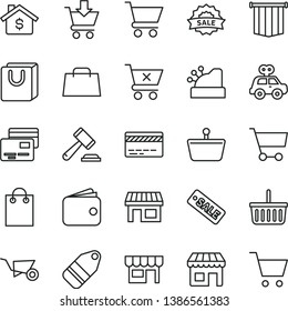 thin line vector icon set - grocery basket vector, bank card, hammer of a judge, motor vehicle present, building trolley, cart, put in, crossed, bag with handles, cards, kiosk, label, stall, wallet