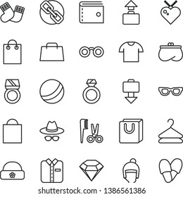 thin line vector icon set - paper bag vector, purse, spectacles, hat with glasses, bath ball, accessories for a hairstyle, warm socks, winter, handles, T shirt, folded, hanger, hand, diamond, ring