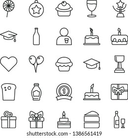 thin line vector icon set - colored air balloons vector, cake, heart, gift, square academic hat, Easter, muffin, piece of, torte, birthday, lollipop, glass, bottle, giftbox, gold cup, star, graduate