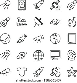 thin line vector icon set - monitor vector, t short, bath ball, earth, artificial satellite, planet, rocket, space, tablet pc, hdd, telescope, antenna, saturn, lunar rover, flag on moon, first