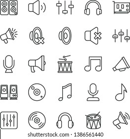 thin line vector icon set - horn vector, loudspeaker, silent mode, drumroll, drum, microphone, music, CD, regulator, volume, no sound, megaphone, pc card, headphones, speaker, note, settings