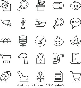 thin line vector icon set - car child seat vector, children's bathroom, hairdo, funny, building trolley, lock, left bottom arrow, speech, big data server, bundle of eggs, sushi, mint, coal mining